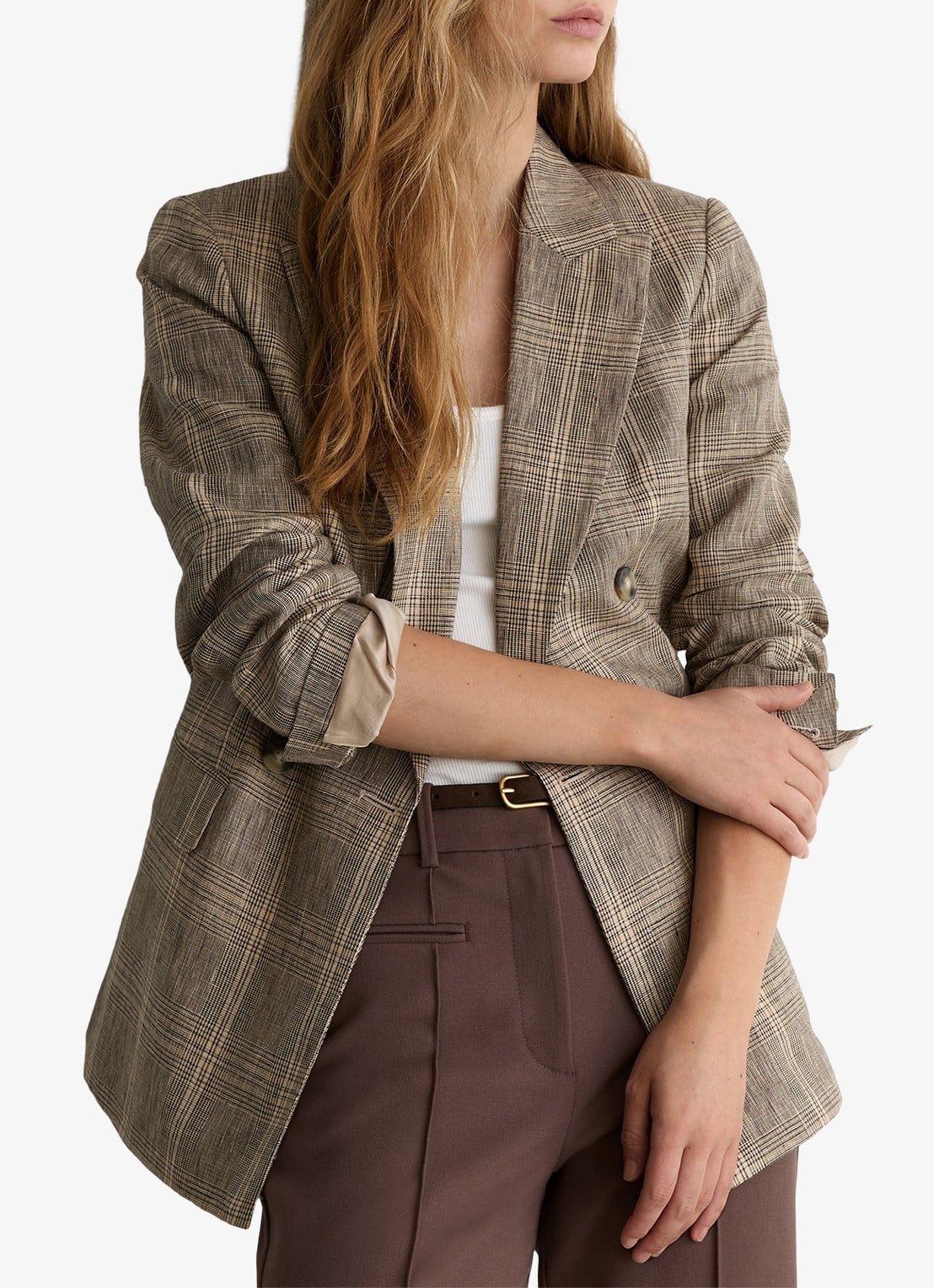 Reiss Petite Sybil double-breasted blazer van linnen met ruitdessin - detail 2 beige
