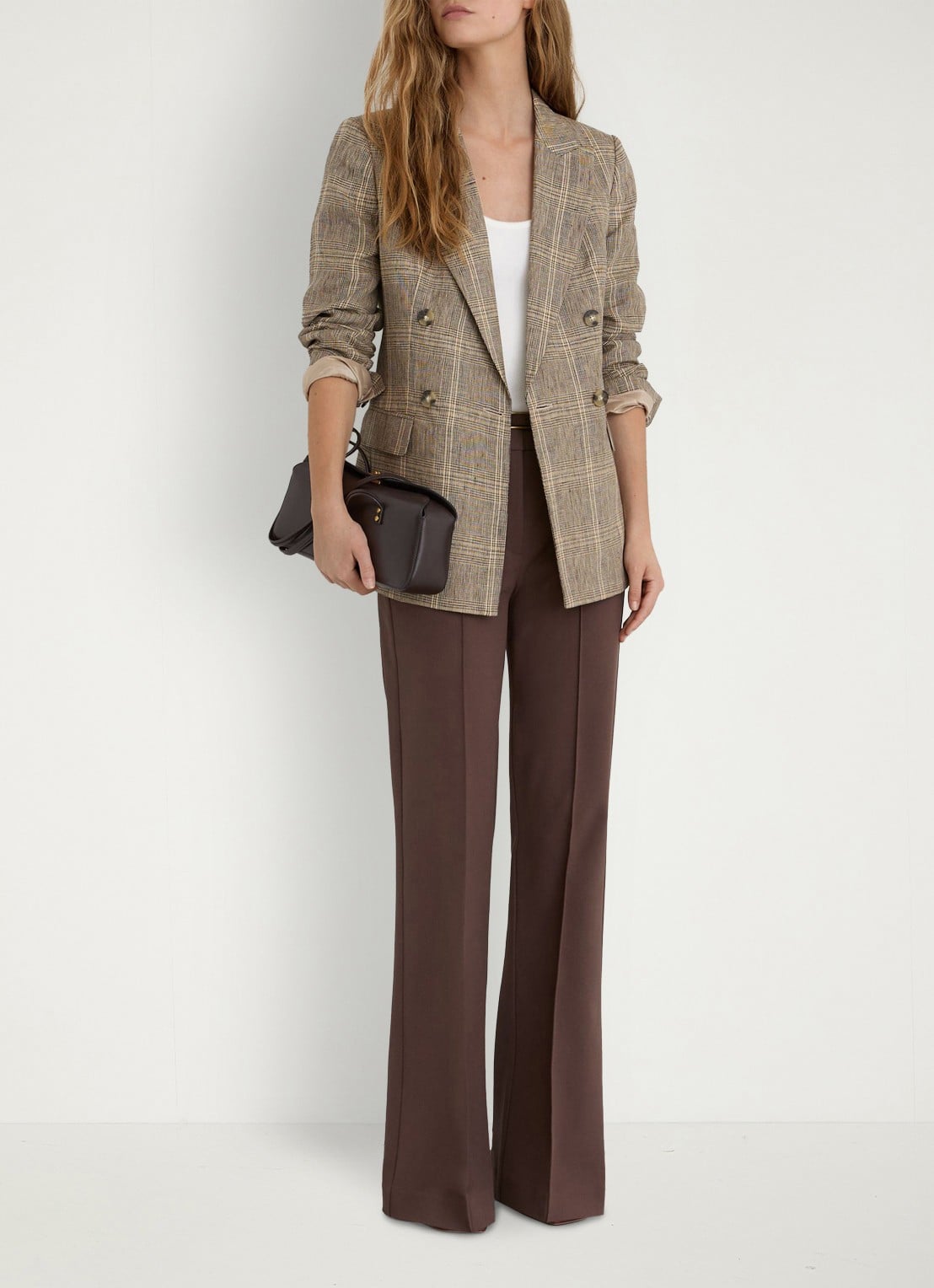 Reiss Petite Sybil double-breasted blazer van linnen met ruitdessin - voorkant 7 beige