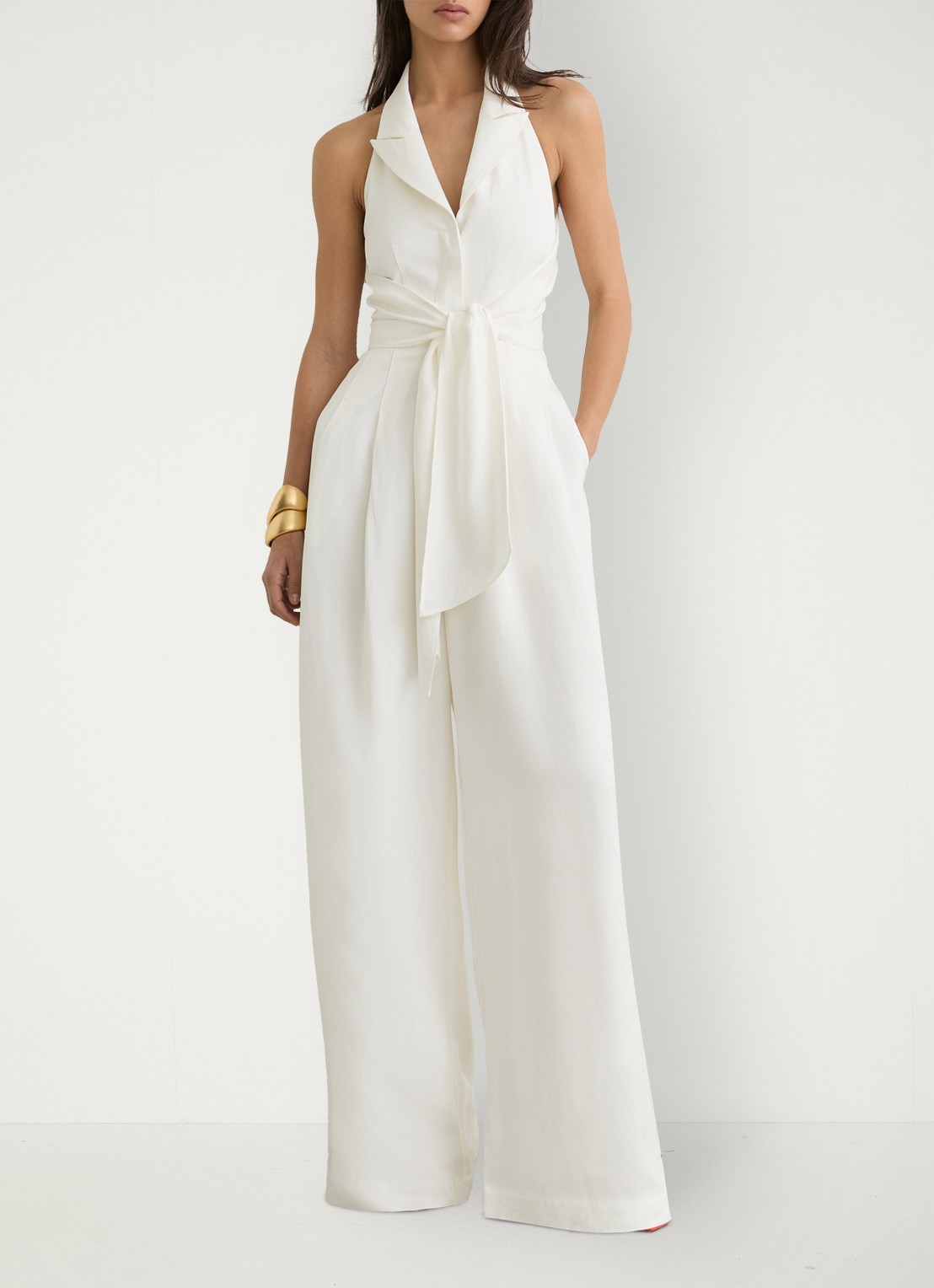 Reiss Petite Taya wide fit jumpsuit in linnenblend - voorkant 7 wit