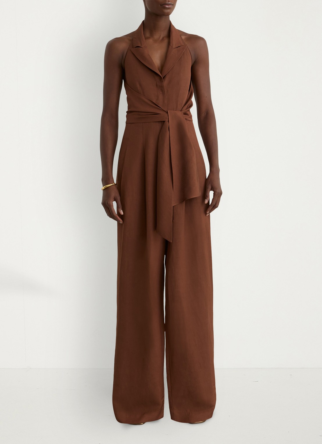 Reiss Petite Taya wide fit jumpsuit in linnenblend - voorkant 3 bruin