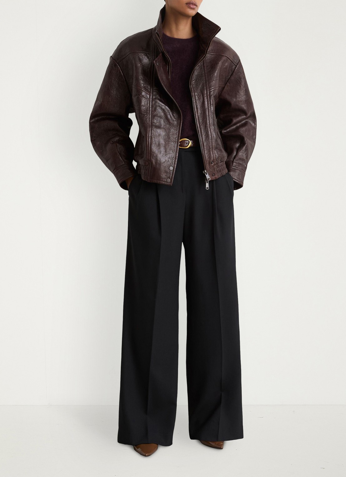 Reiss Petra leren jack met structuur - voorkant 7 aubergine