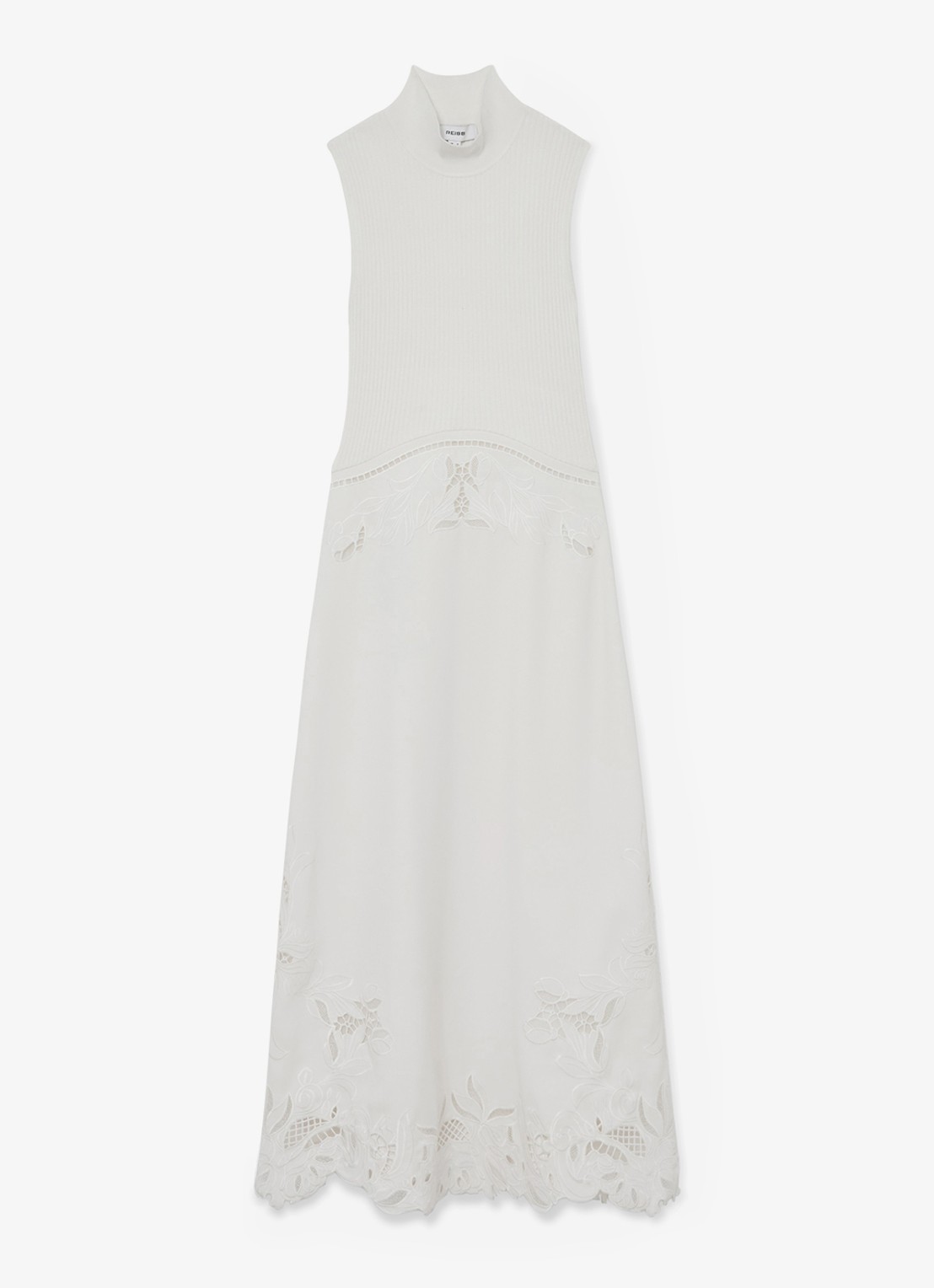 Reiss Phoenix ribgebreide midi jurk met broderie  - voorkant 5 wit