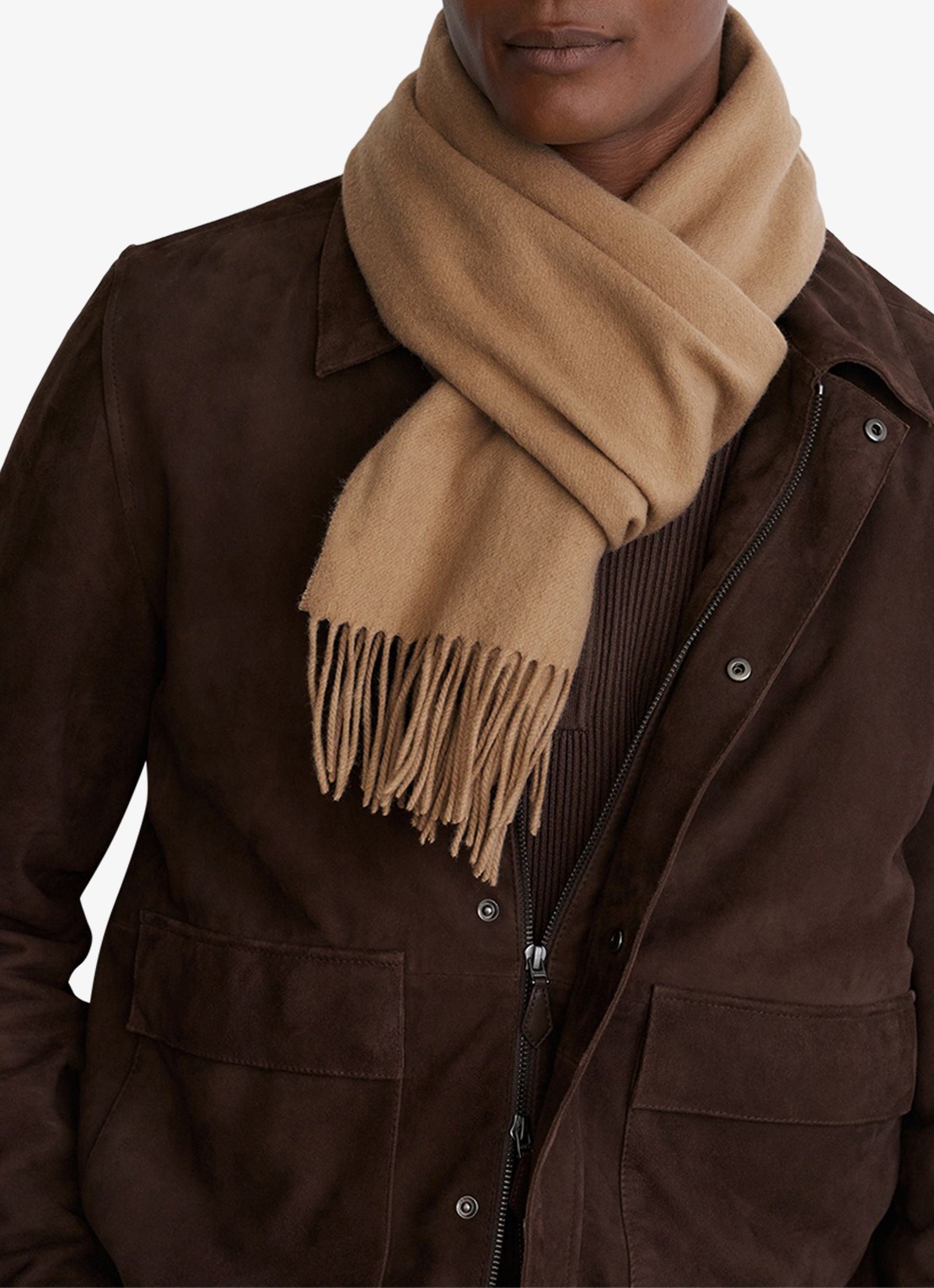 Reiss Picton sjaal in kasjmierblend 180 x 31 cm - voorkant 6 camel