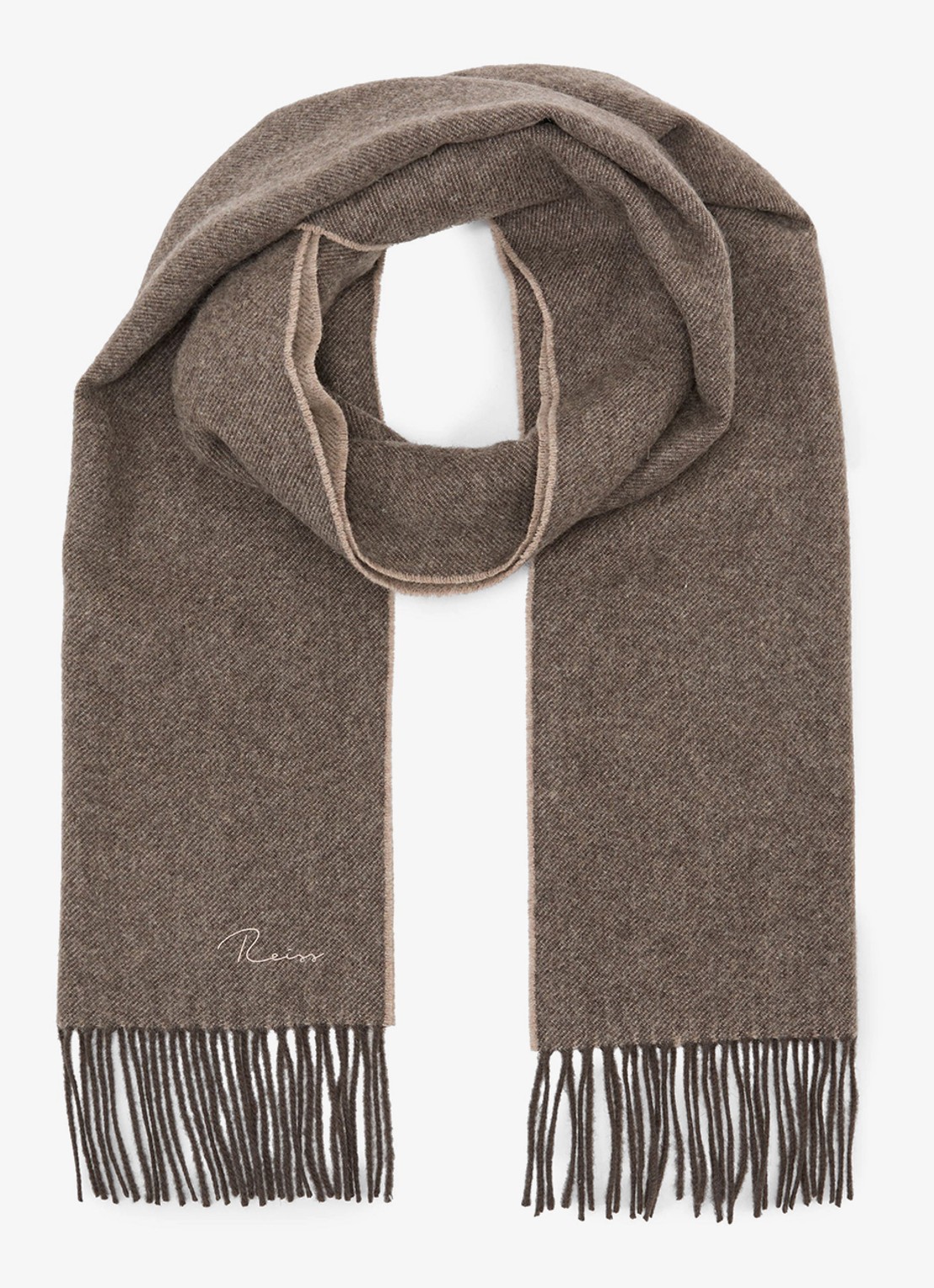 Reiss Picton sjaal in kasjmierblend 180 x 31 cm - voorkant taupe