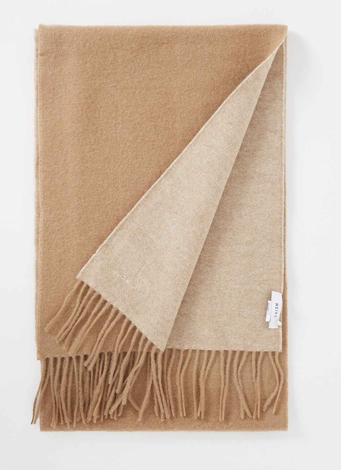Reiss Picton sjaal in kasjmierblend met franjes 190 x 30 cm - voorkant camel