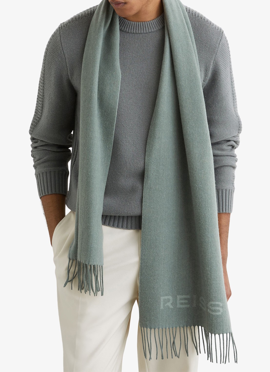Reiss Picton sjaal in wolblend met logo  - voorkant 2 groen