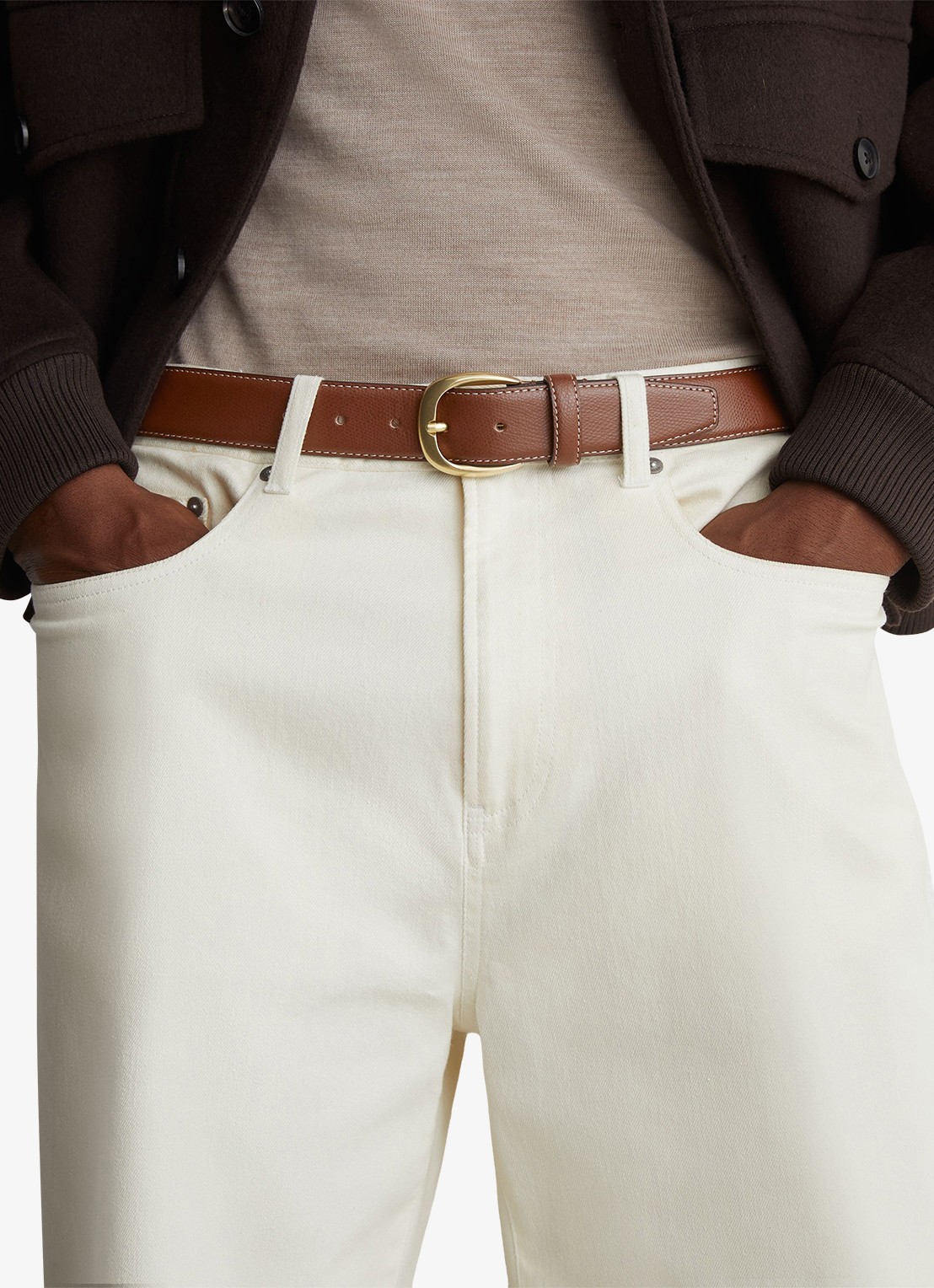Reiss Pierce riem van leer met structuur  - detail 3 zand