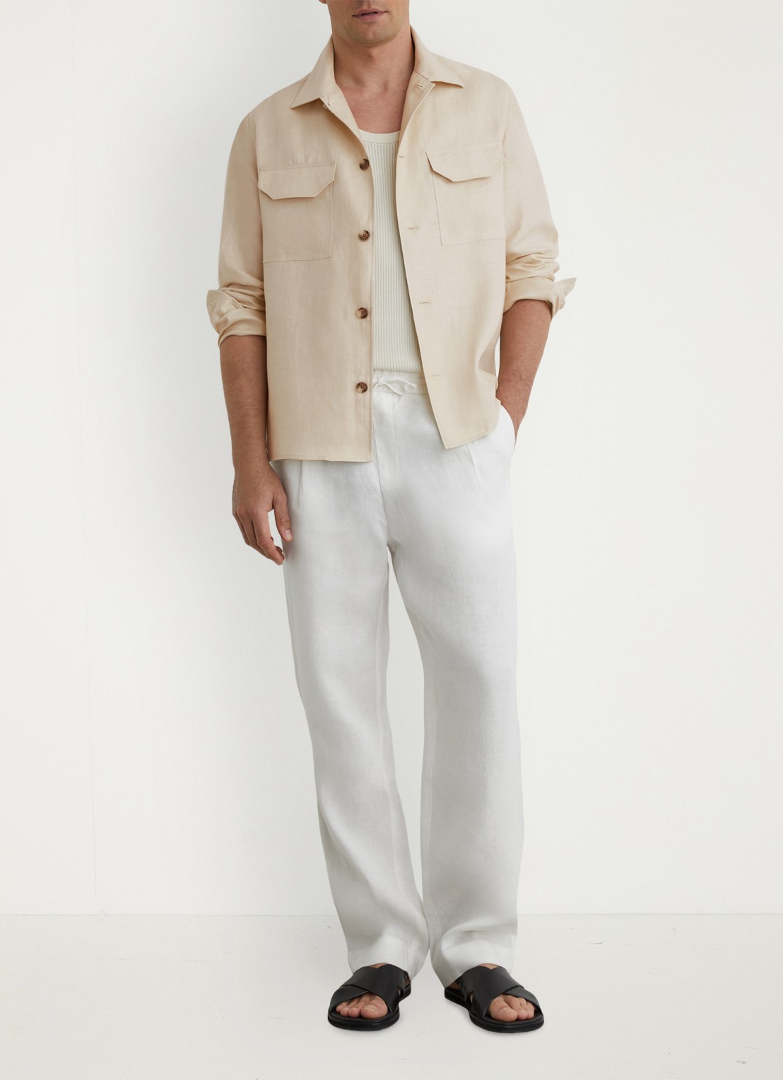 Reiss Polasio overshirt van linnen met borstzakken - voorkant 2 stone / beige