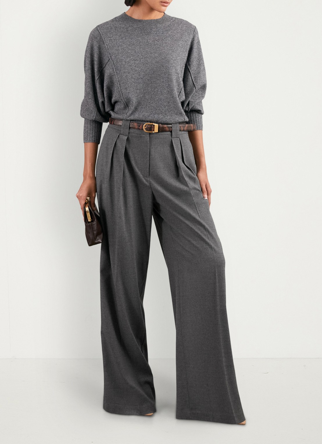 Reiss Poppie high waist wide fit pantalon met steekzakken - voorkant 3 grijs