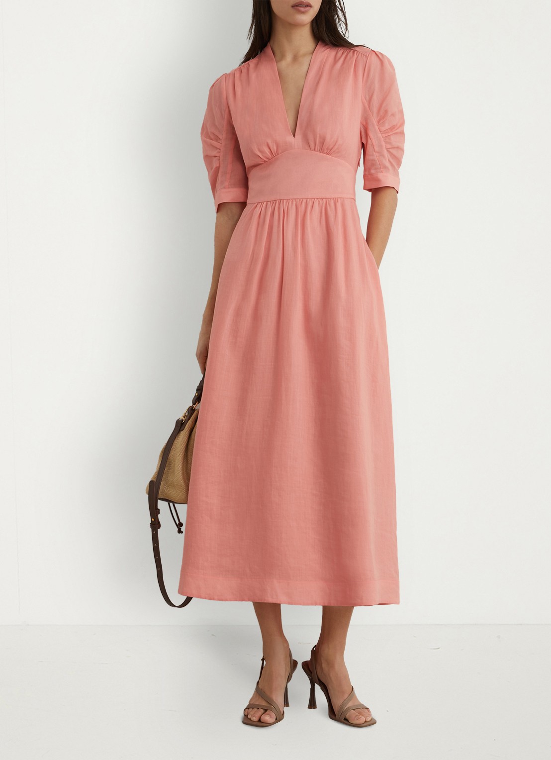 Reiss Poppy midi jurk met V-hals - voorkant 6 oudroze