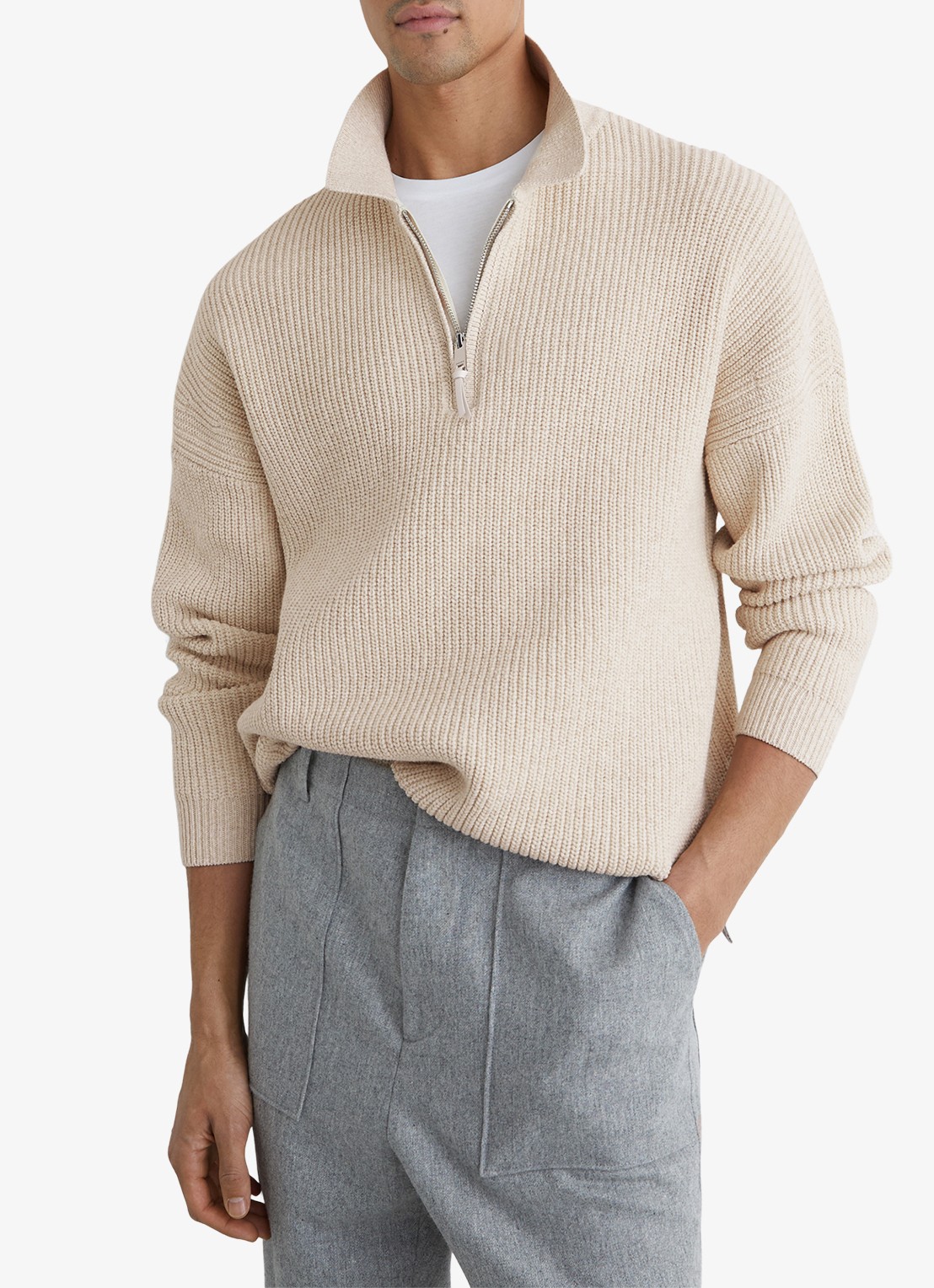 Reiss Prop ribgebreide trui met halve rits  - detail 4 beige