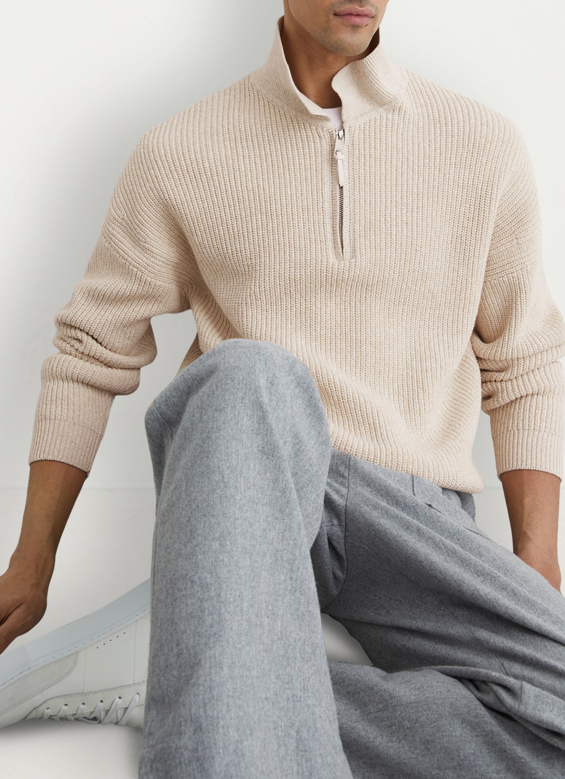 Reiss Prop ribgebreide trui met halve rits  - detail 5 beige