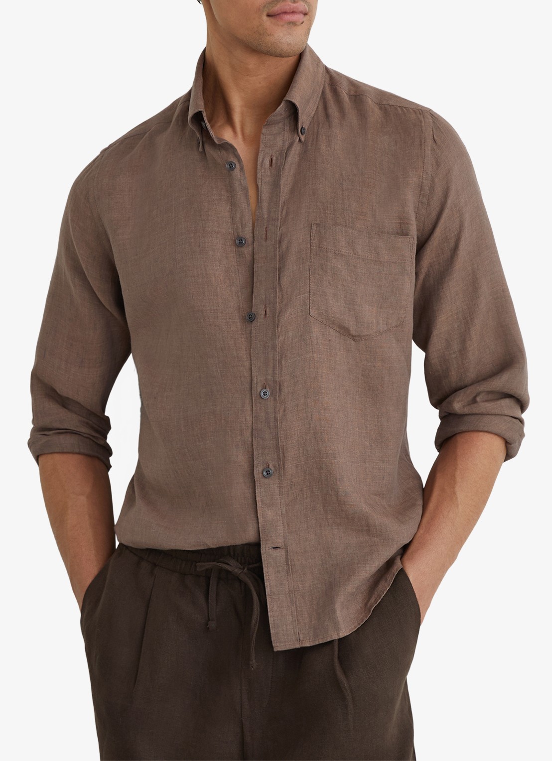 Reiss Queens regular fit overhemd van linnen - detail bruin