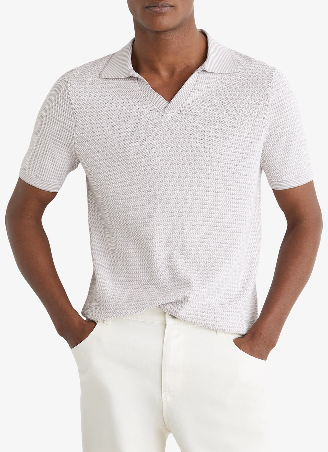 Reiss REDBURY Open-Collar Textured-Knit Polo Shirt - detail 4 soft grey / grijs