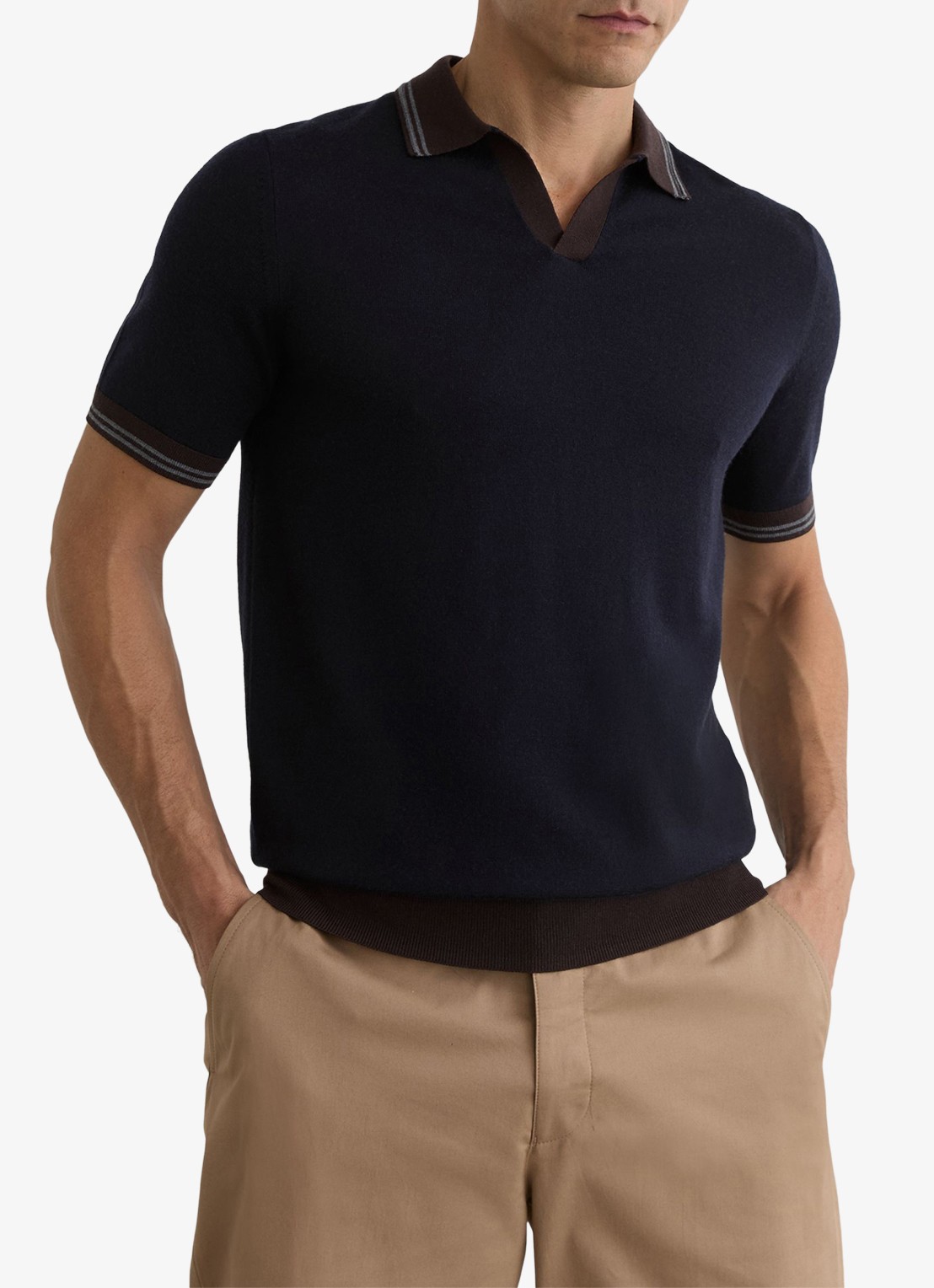 Reiss Redmire regular fit polo van merino wol - detail donkerblauw