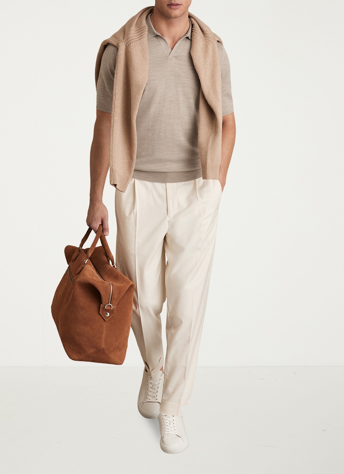 Reiss Regular fit fijngebreide polo van wol - voorkant 2 khaki