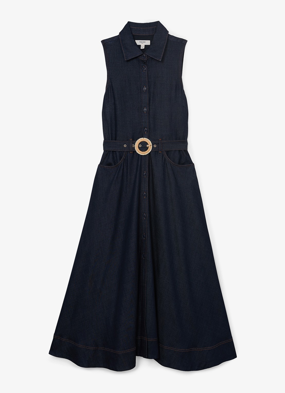 Reiss Remi midi blousejurk met ceintuur - voorkant donkerblauw