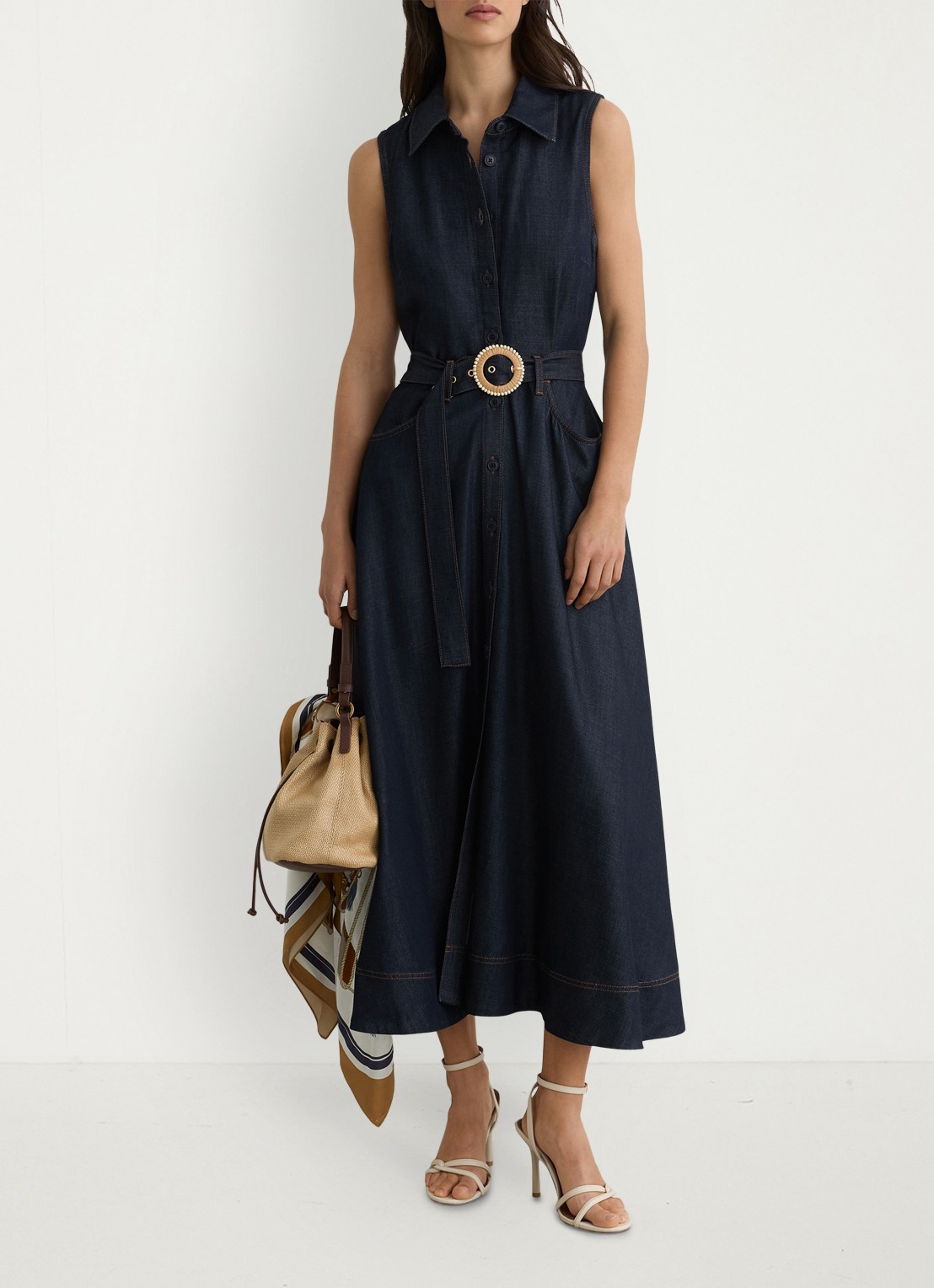 Reiss Remi midi blousejurk met ceintuur - voorkant 2 donkerblauw