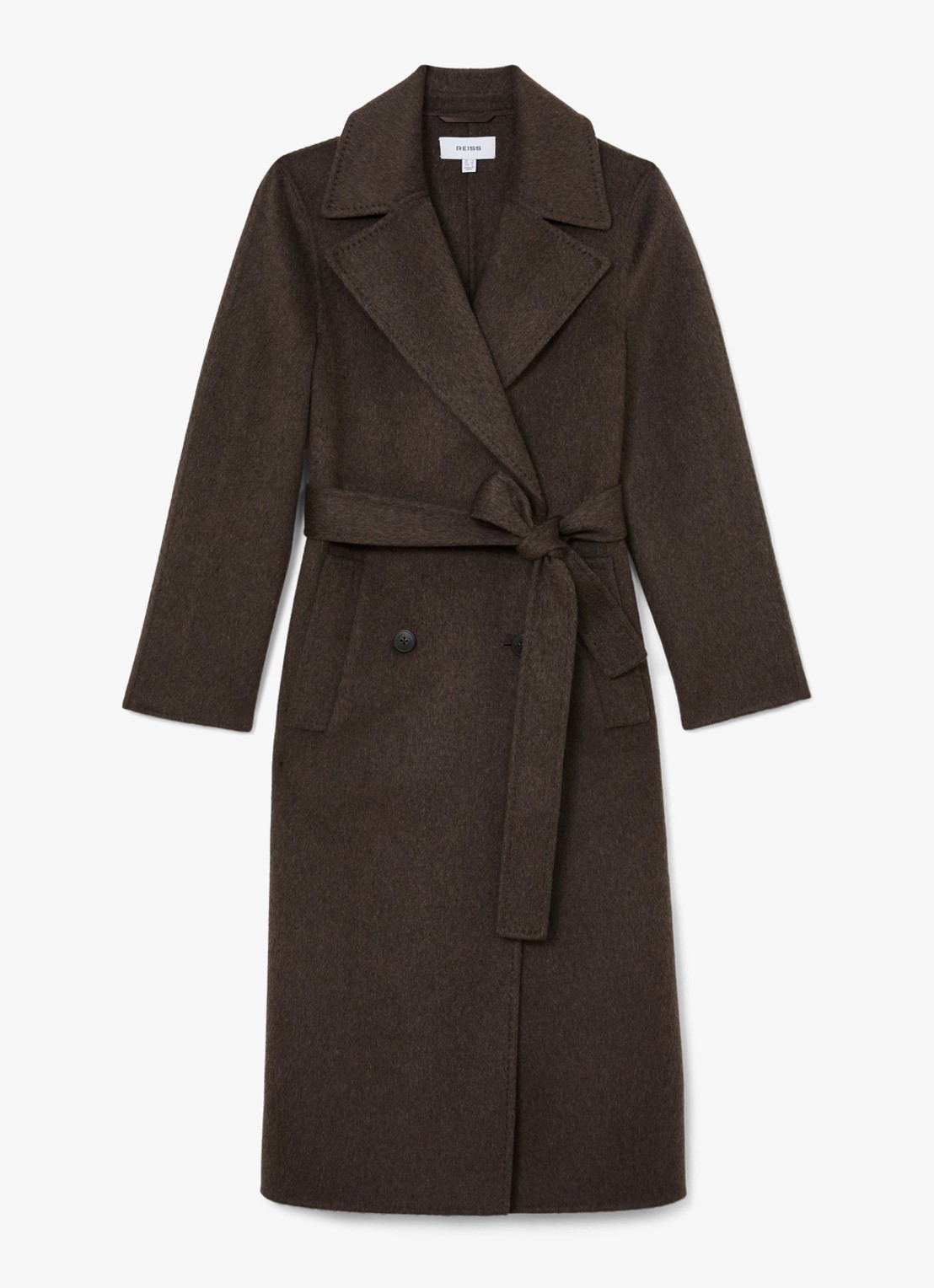 Reiss Rene double-breasted mantel met strikceintuur - voorkant bruin