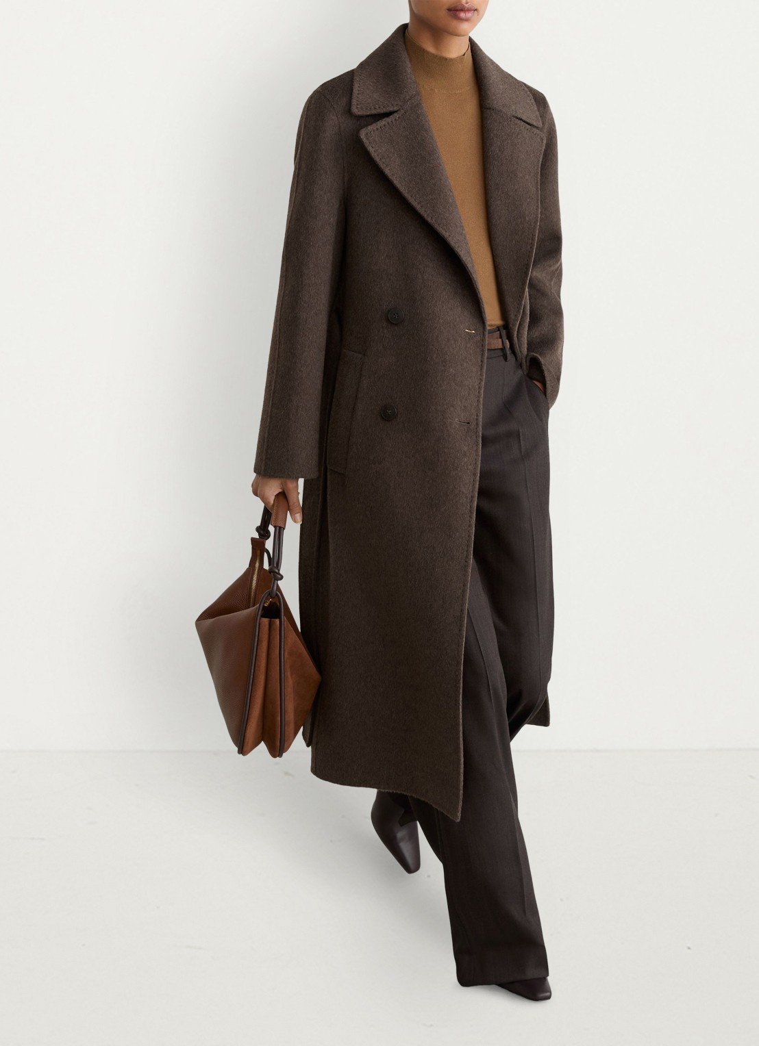 Reiss Rene double-breasted mantel met strikceintuur - voorkant 2 bruin