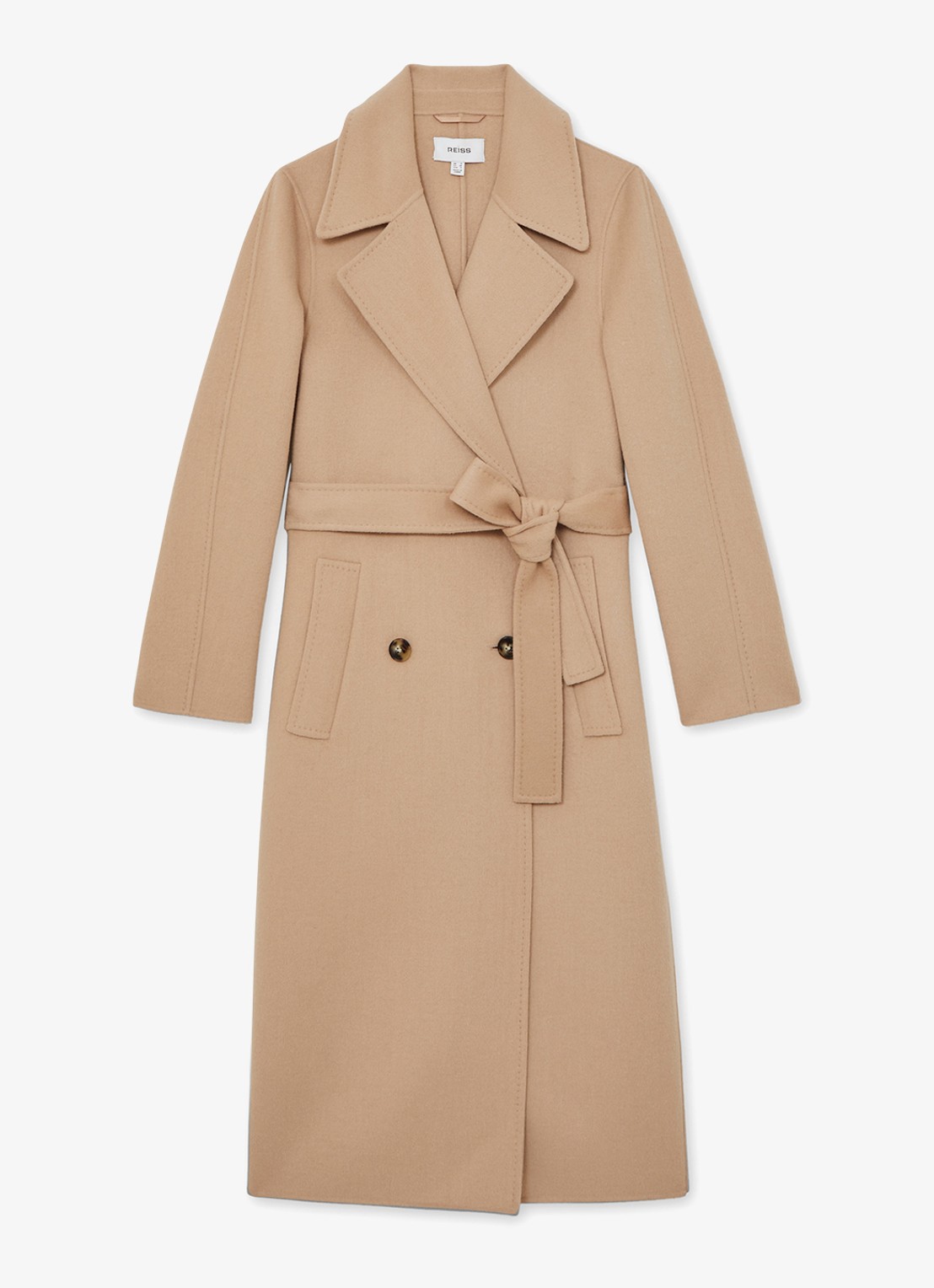 Reiss Rene mantel in wolblend met strikceintuur - voorkant 2 camel
