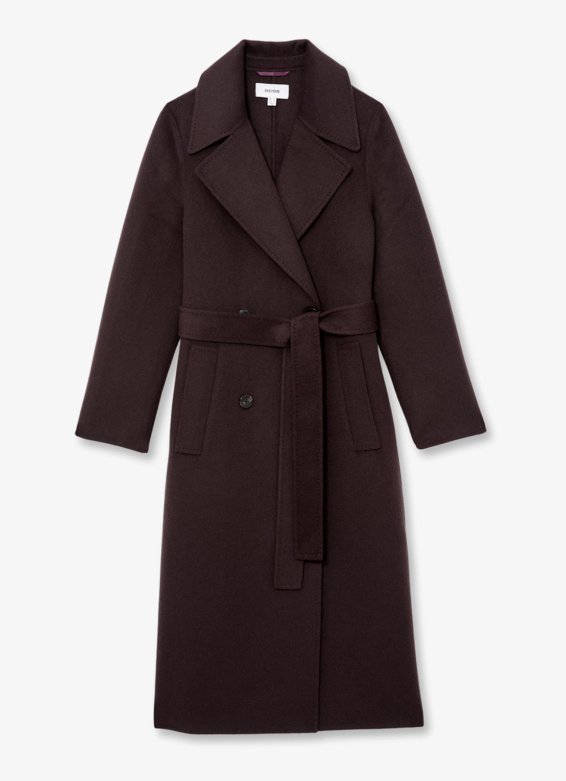 Reiss Rene mantel in wolblend met strikceintuur - voorkant 5 aubergine
