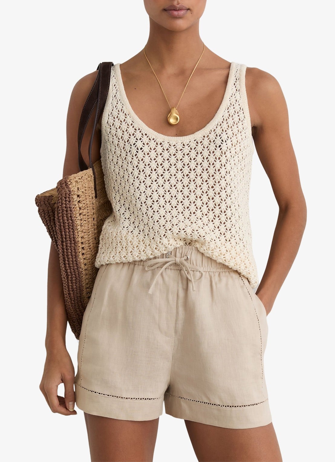 Reiss Riley high waist loose fit korte broek van linnen met steekzakken - detail 5 neutral / beige