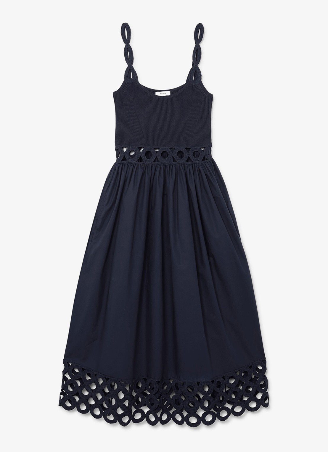 Reiss Rite ribgebreide midi jurk met cut-out detail - voorkant donkerblauw