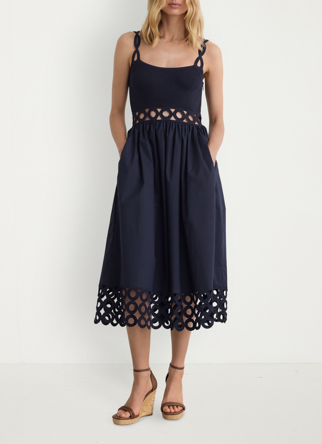 Reiss Rite ribgebreide midi jurk met cut-out detail - voorkant 2 donkerblauw