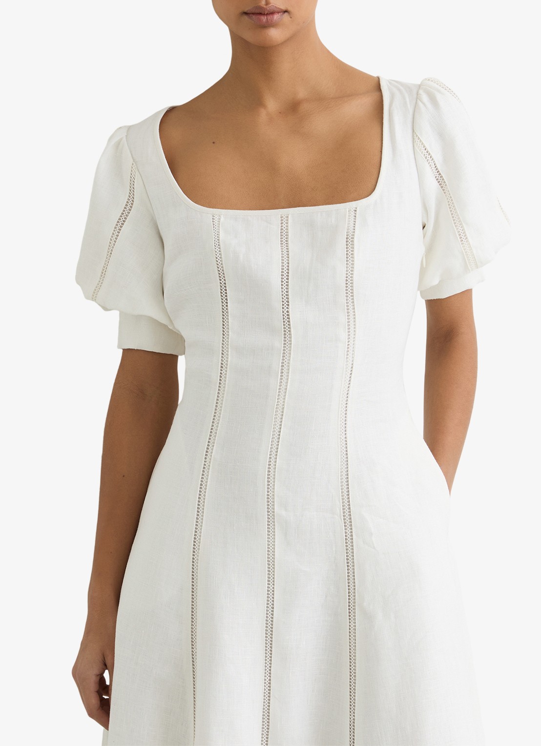Reiss Riva midi jurk van linnen met borduring - detail 2 wit