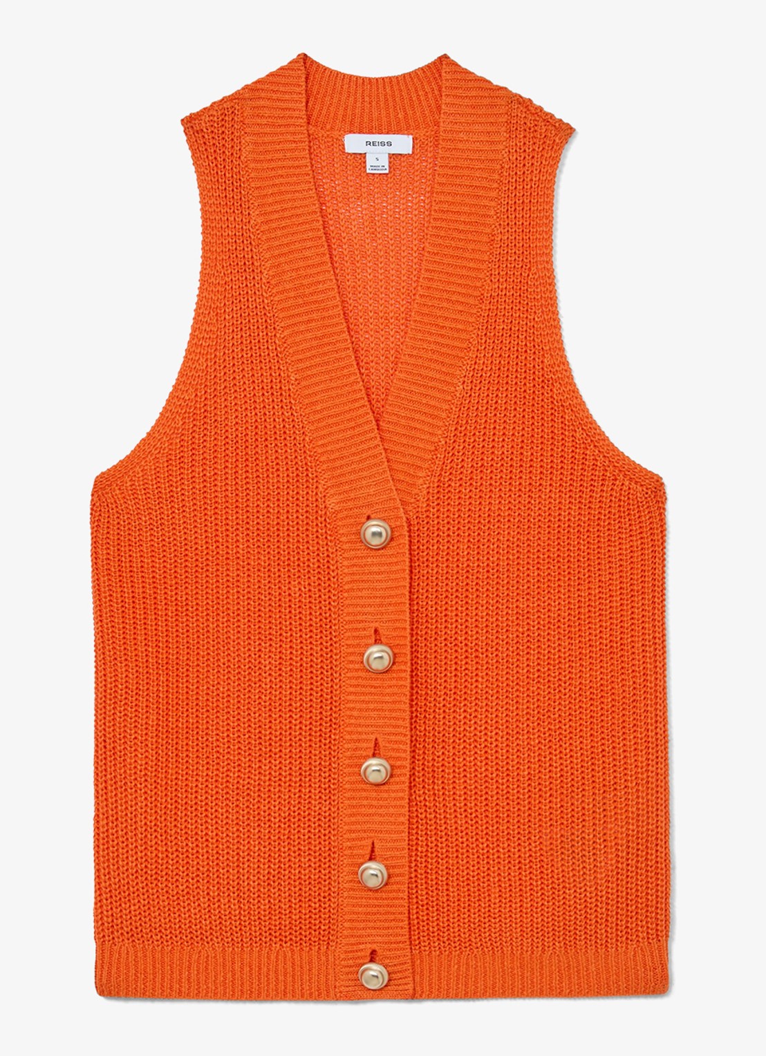Reiss Robin grofgebreid gilet van linnen - voorkant oranje