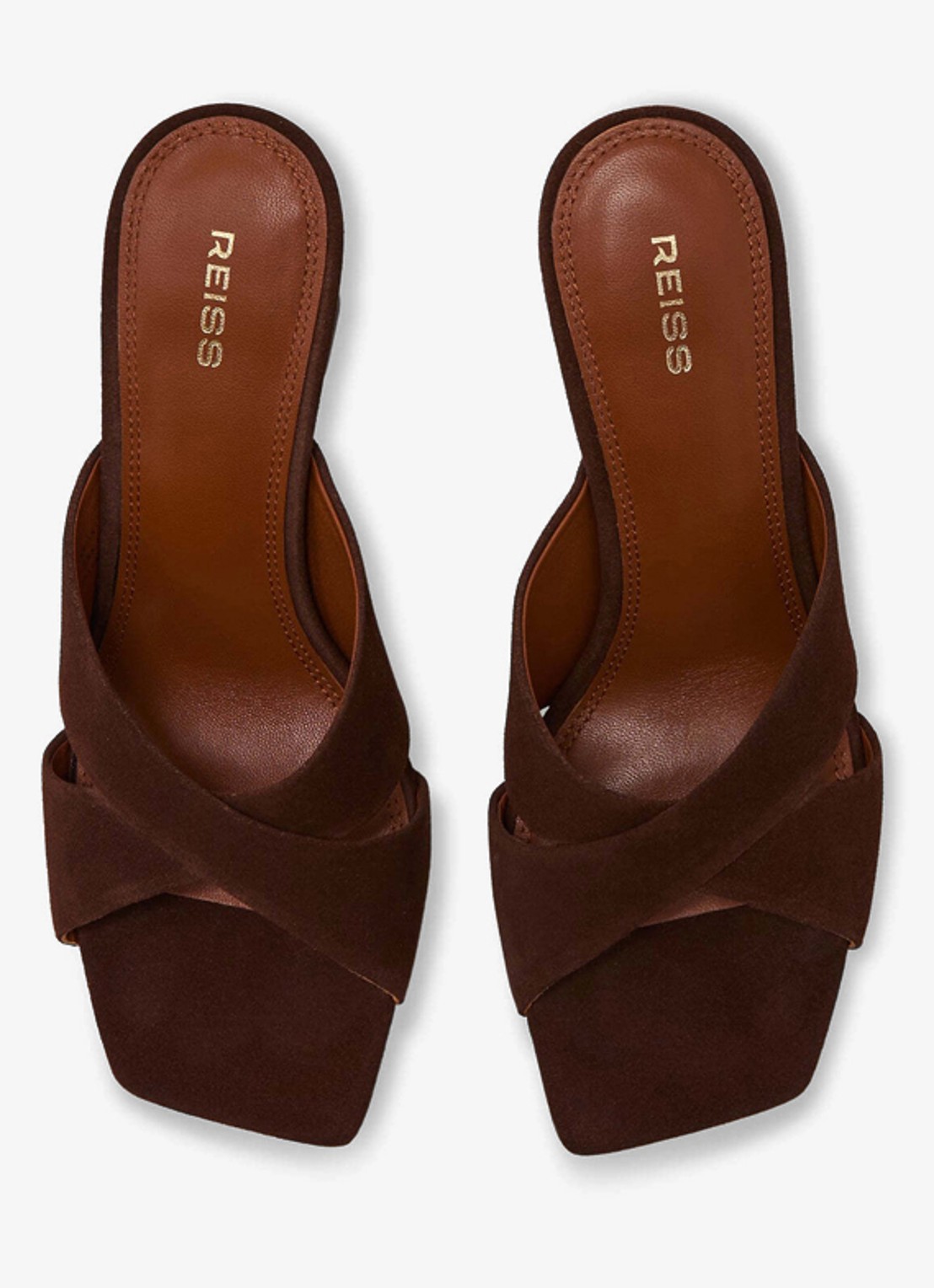 Reiss ROCHELLE Suede Cross-Strap Block-Heel Mules - detail 2 chocoladebruin