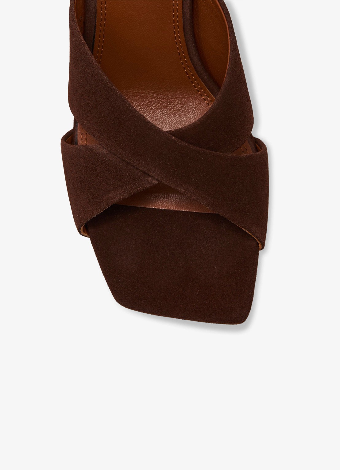 Reiss ROCHELLE Suede Cross-Strap Block-Heel Mules - detail 4 chocoladebruin