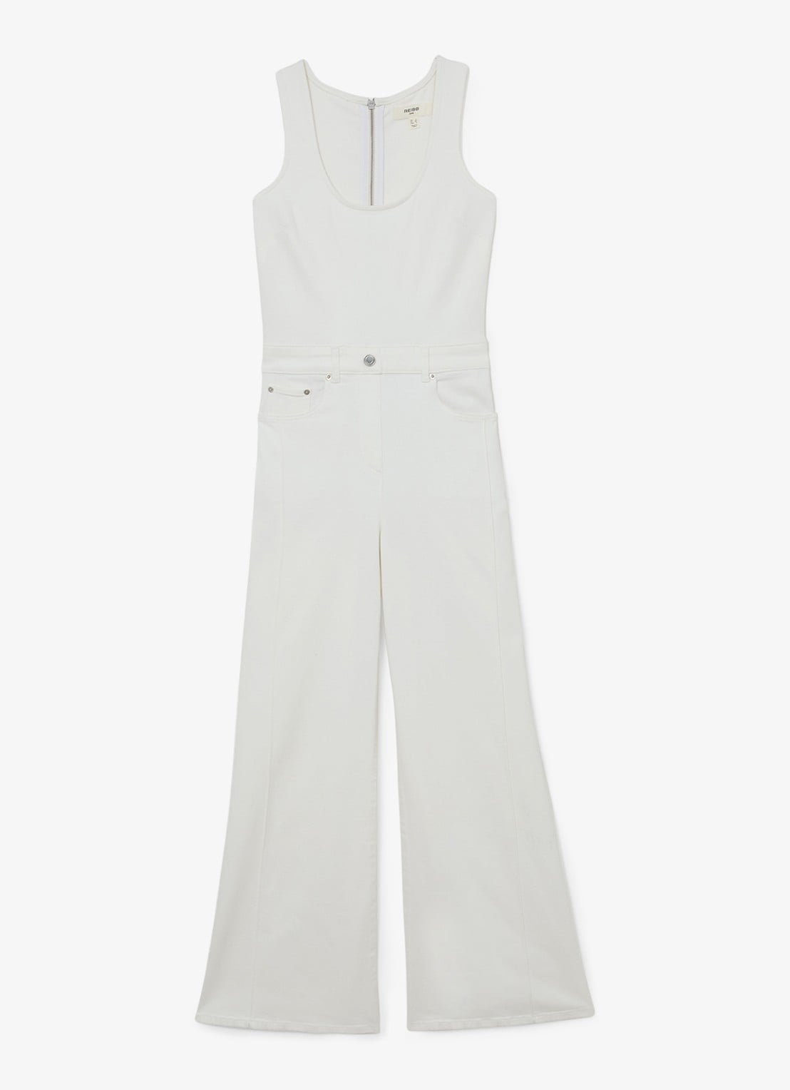 Reiss Rose wide fit jumpsuit van denim - voorkant gebroken wit