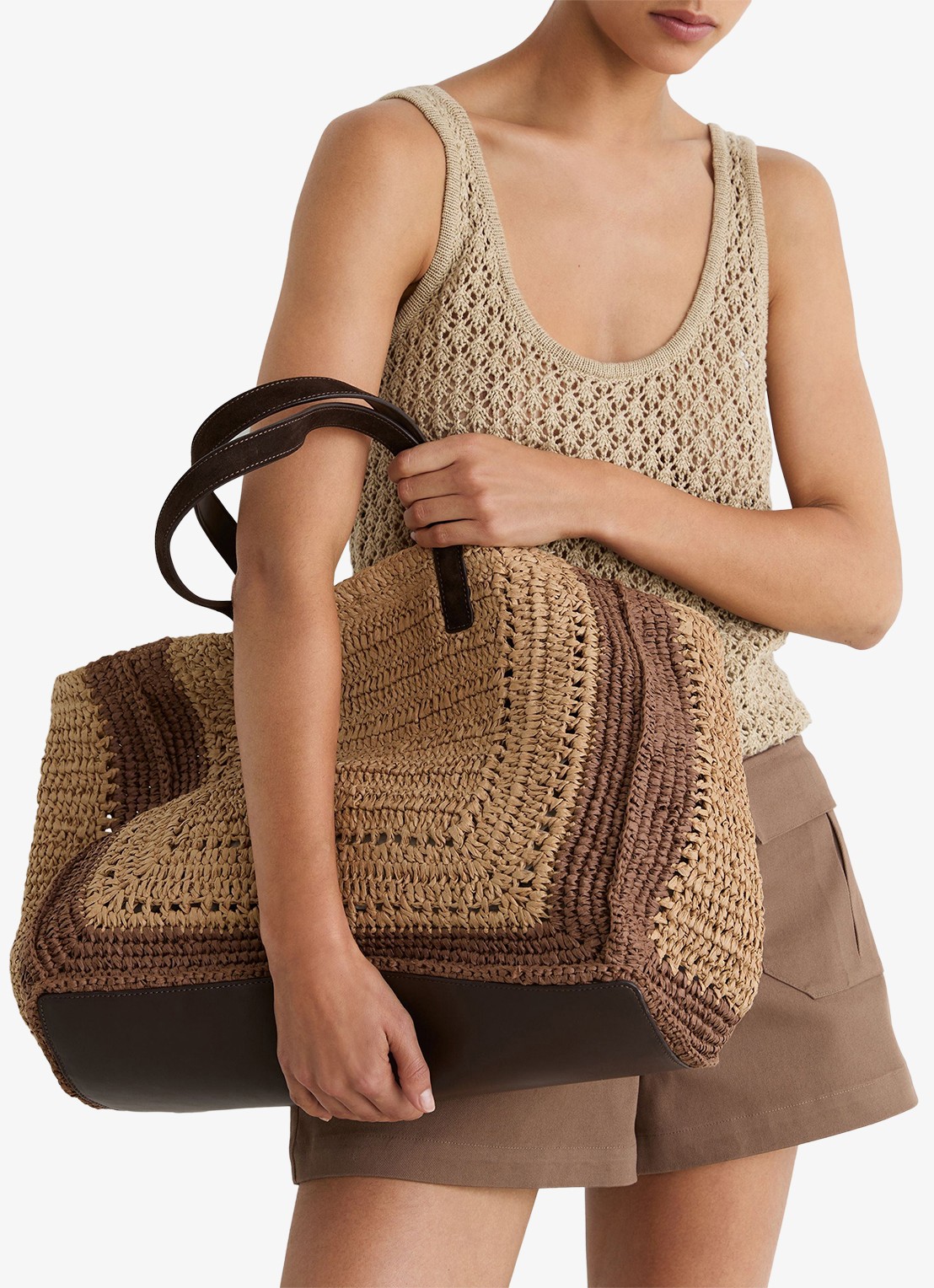 Reiss Rosie schoudertas van raffia - voorkant 2 natural / beige