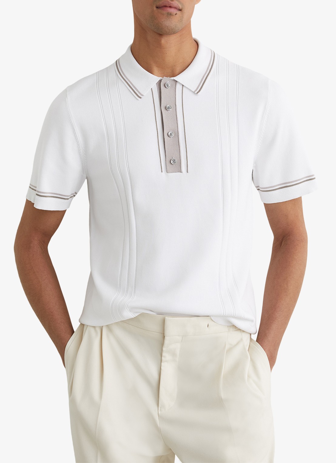 Reiss ROTHWELL Tipped Half-Button Knitted Polo Shirt - detail 3 gebroken wit