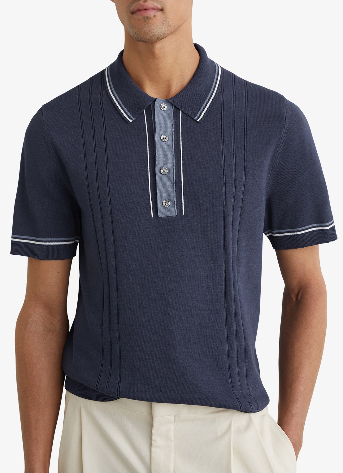 Reiss ROTHWELL Tipped Half-Button Knitted Polo Shirt - detail 4 donkerblauw