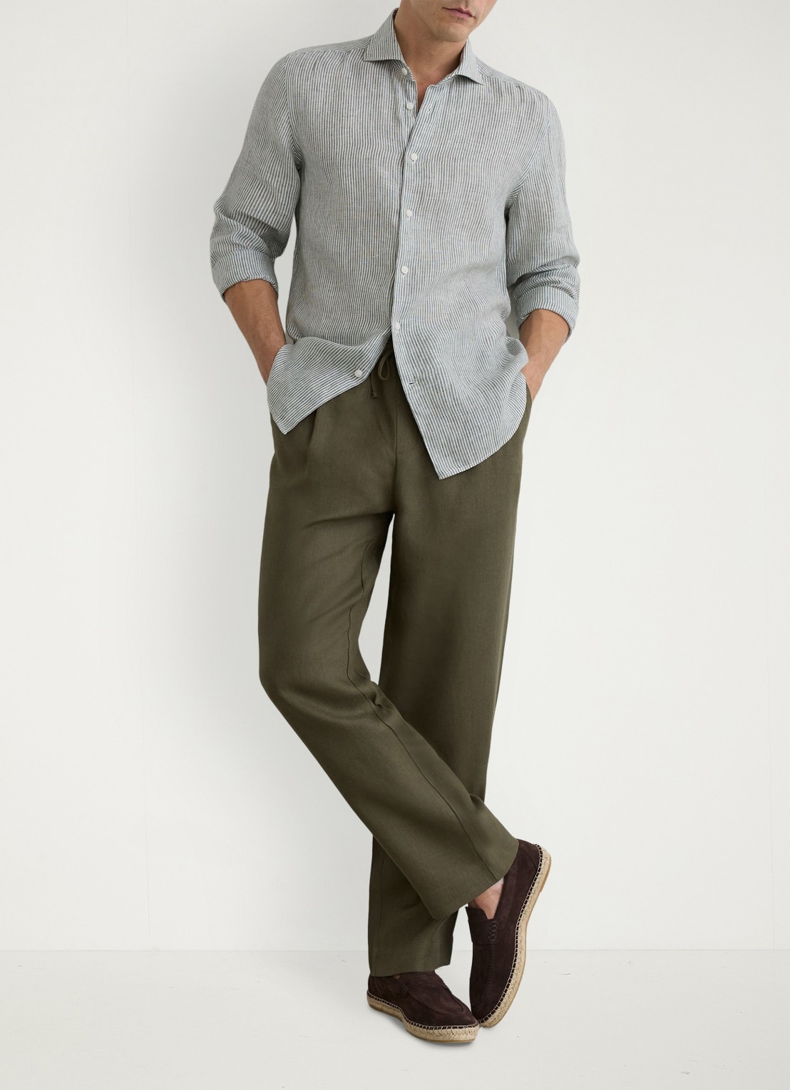 Reiss Ruban regular fit overhemd van linnen met streepprint - voorkant 2 donkerkhaki