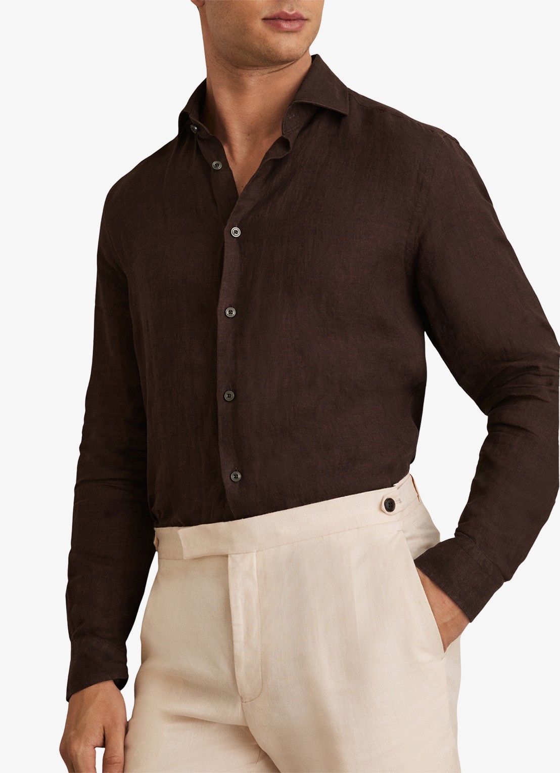 Reiss Ruban regular fit overhemd van linnen - detail donkerbruin