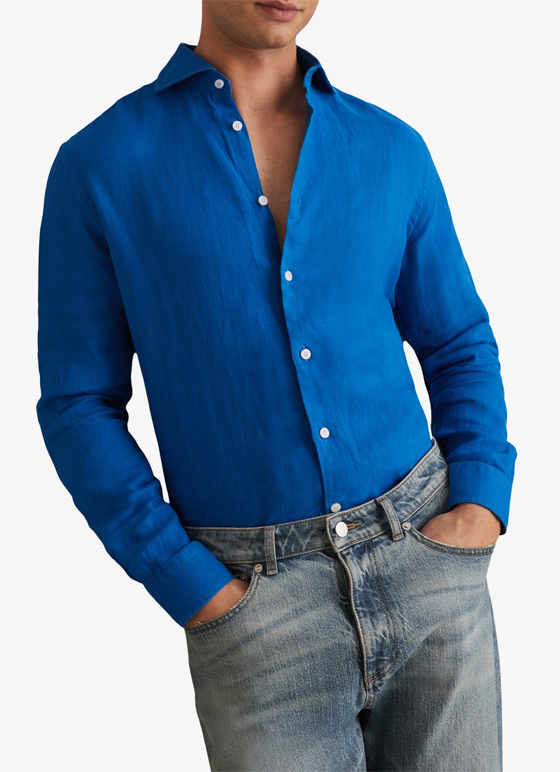 Reiss Ruban regular fit overhemd van linnen - voorkant 5 blauw
