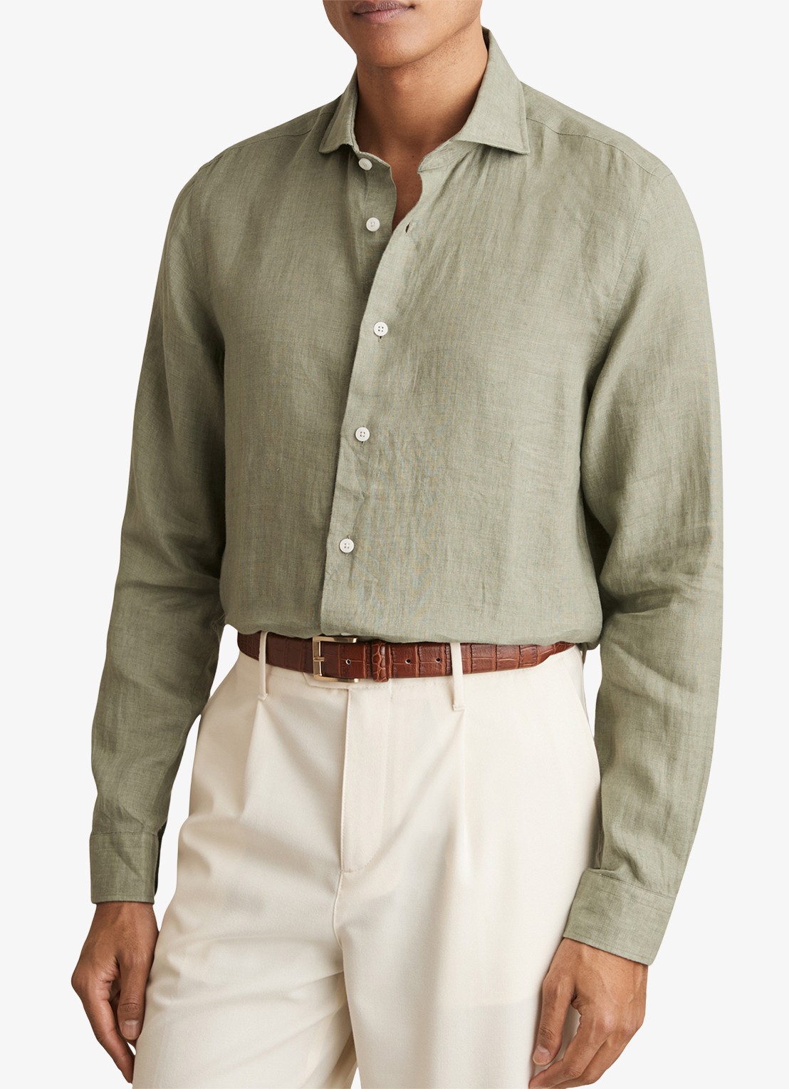 Reiss Ruban regular fit overhemd van linnen - detail 2 olijfgroen