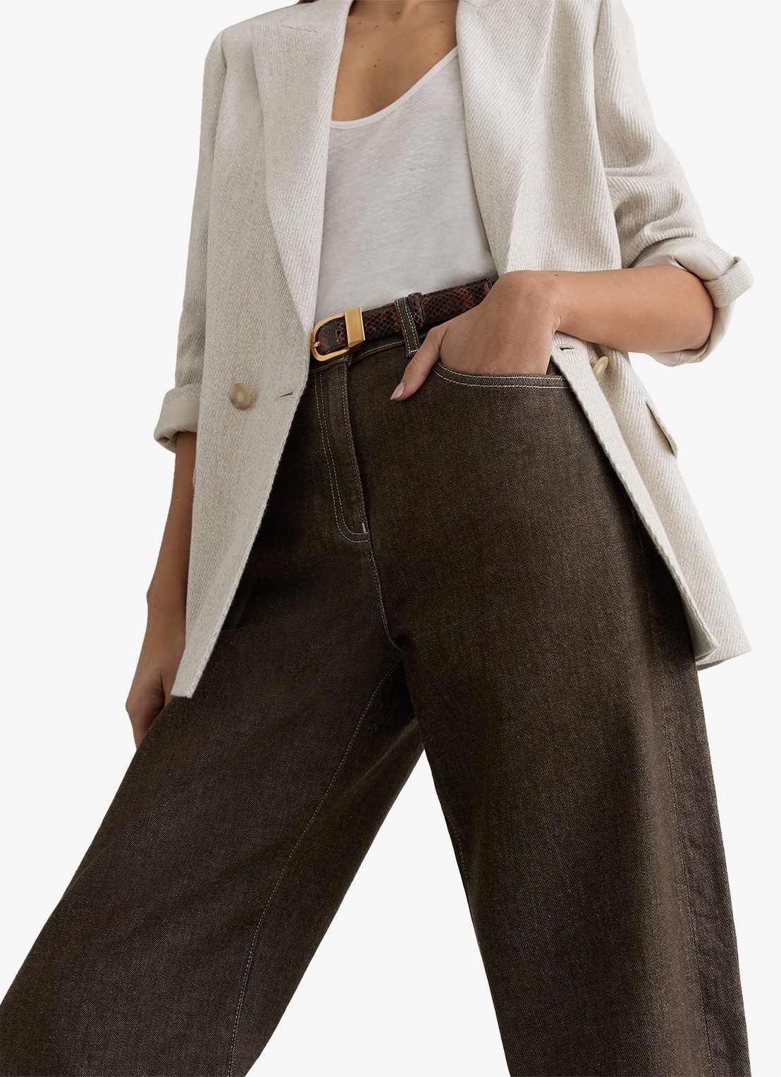 Reiss Sabel high waist tapered fit jeans met steekzakken - detail 3 bruin
