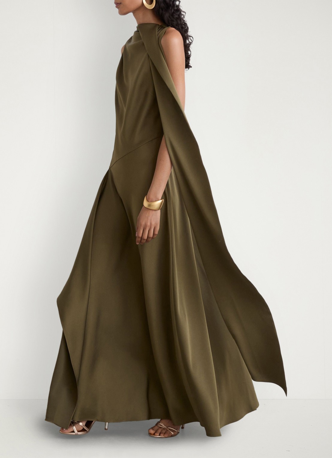 Reiss Sabine asymmetrische maxi jurk met sjaalkraag - detail 2 khaki