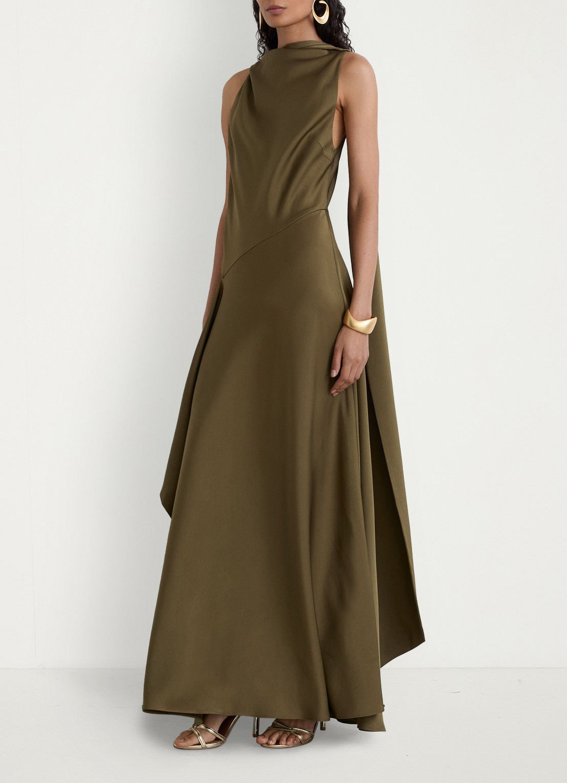 Reiss Sabine asymmetrische maxi jurk met sjaalkraag - voorkant 5 khaki