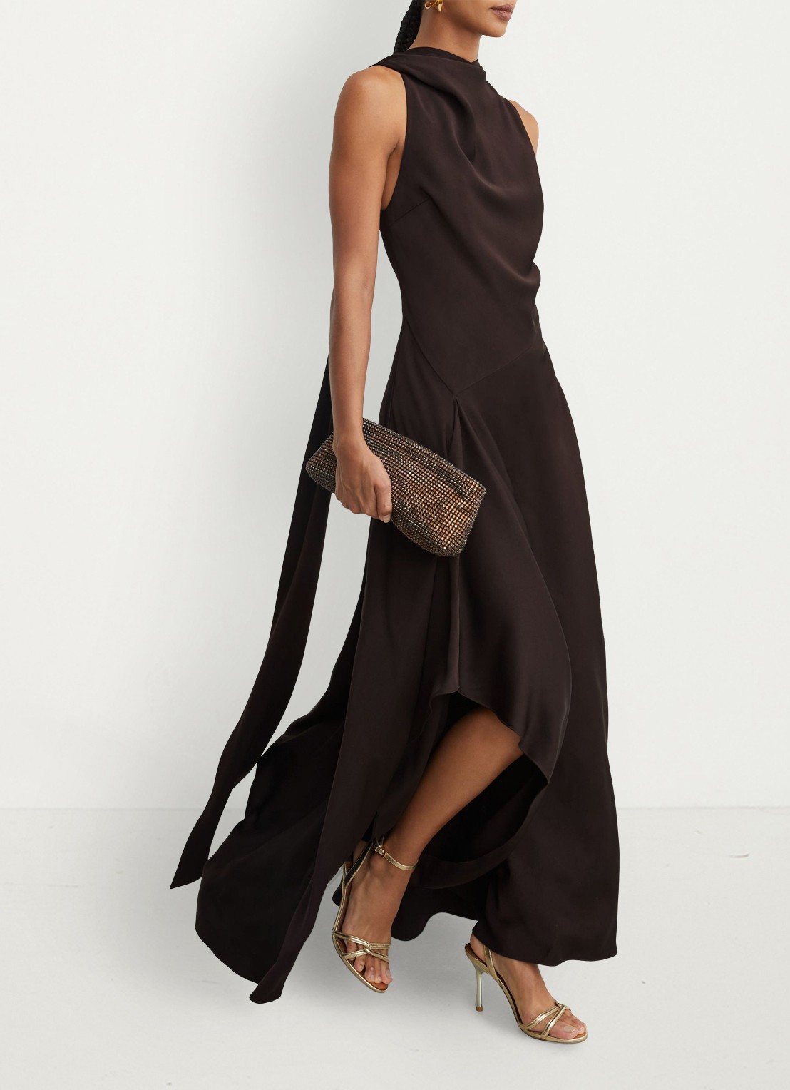 Reiss Sabine asymmetrische maxi jurk met sjaalkraag - detail donkerbruin