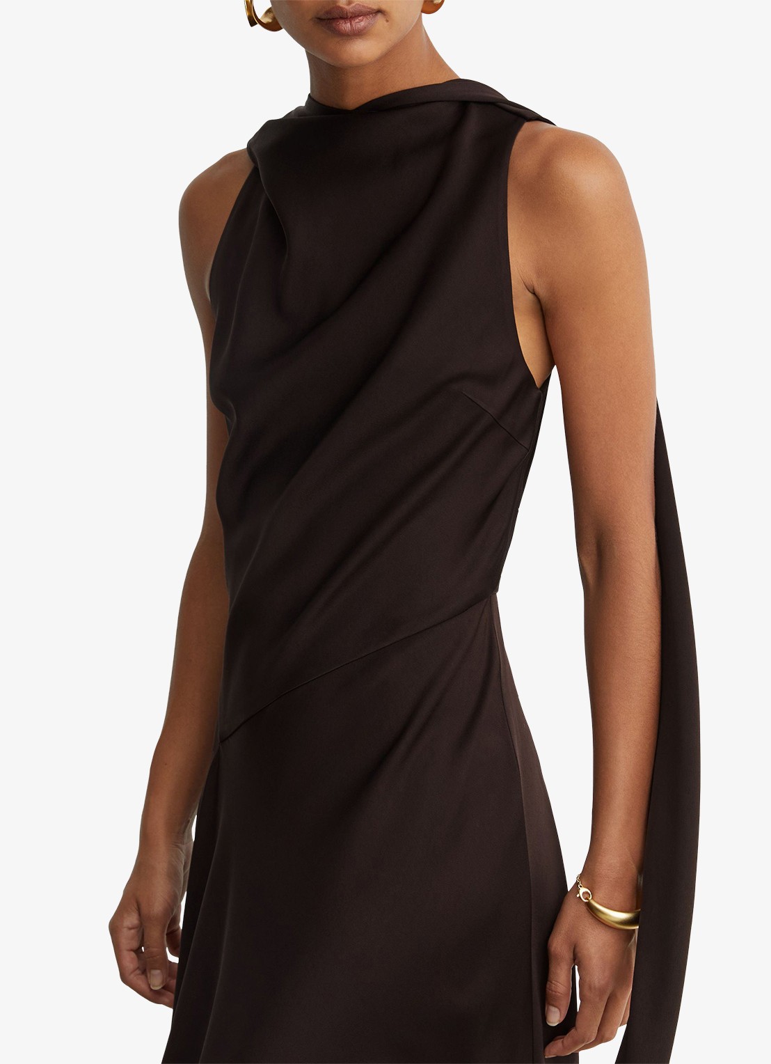 Reiss Sabine asymmetrische maxi jurk met sjaalkraag - detail 3 donkerbruin
