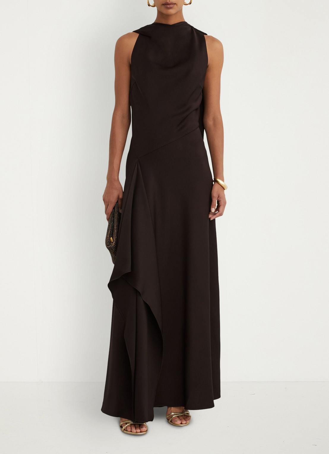 Reiss Sabine asymmetrische maxi jurk met sjaalkraag - voorkant 7 donkerbruin