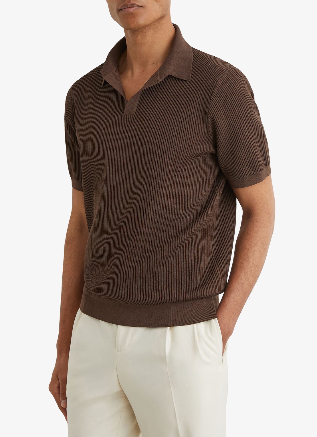 Reiss Sailor regular fit polo met ribstructuur - detail chocoladebruin