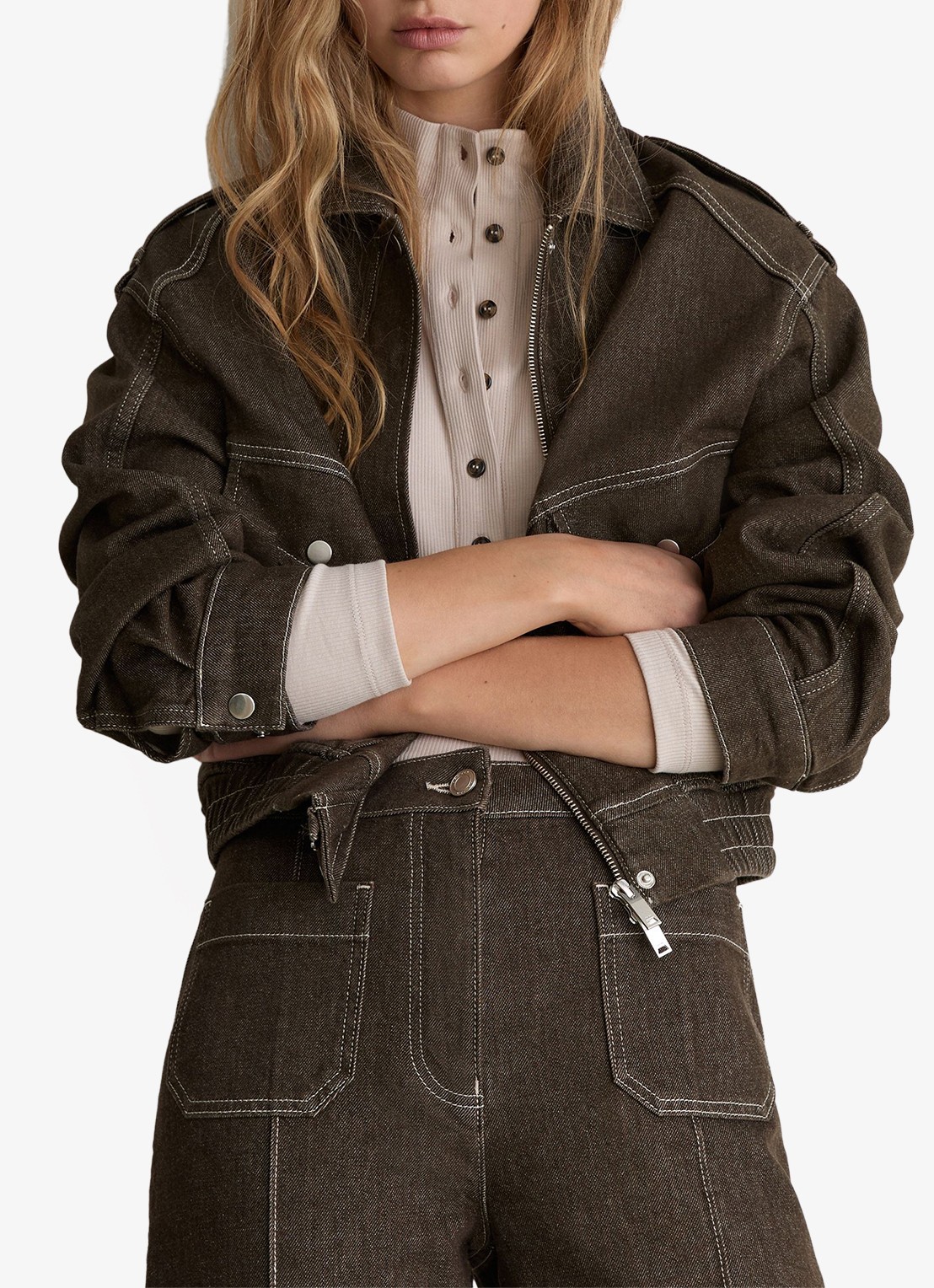 Reiss Sakura high waist flared jeans met opgestikte zakken - detail 5 khaki