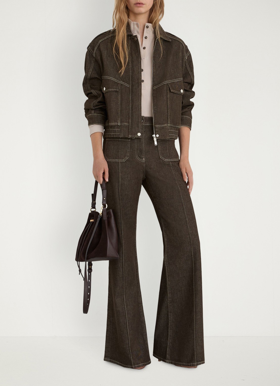 Reiss Sakura high waist flared jeans met opgestikte zakken - voorkant 7 khaki